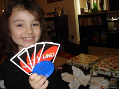 Heather got her some Uno cards and a kids card holder. How clever!